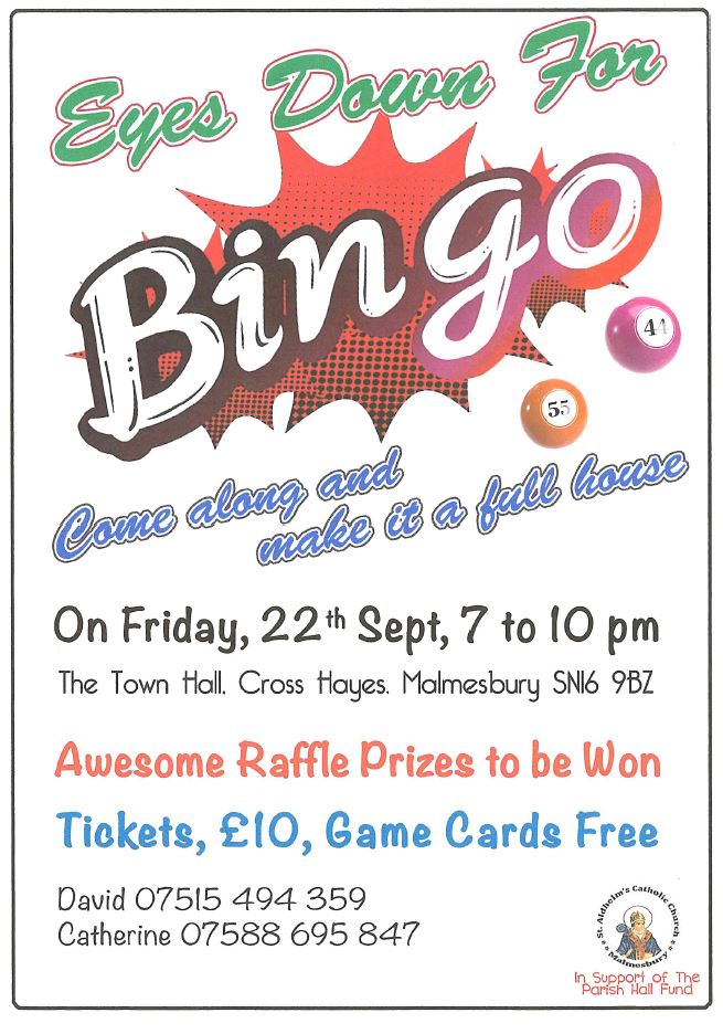 Eyes Down for Bingo Friday 22nd Sept 7 to 10pm